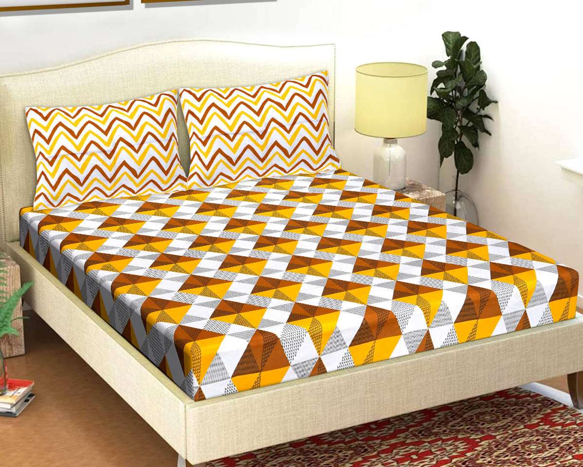 FrionKandy Living Cotton Geometric Double Bedsheet with 2 Pillow Covers - Yellow FrionKandy Living Cotton Geometric Double Bedsheet with 2 Pillow Covers - Yellow