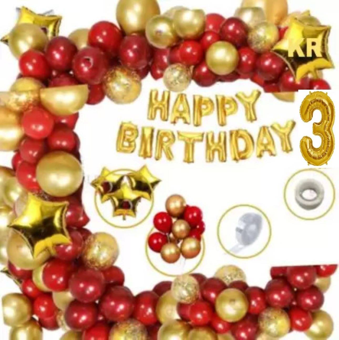     			KR 3rd Happy Birthday Party Decoration with Happy Birthday foil 13 Letters (Gold) + HD Metallic 10 Inch Gold & Red 50 Pcs Balloons 1Glue 1Arch 3 Number Gold foil 4pc Confetti Balloon 3 Gold Star for Girl Boys Kids Baby  Red Gold Theme (Set of 73)