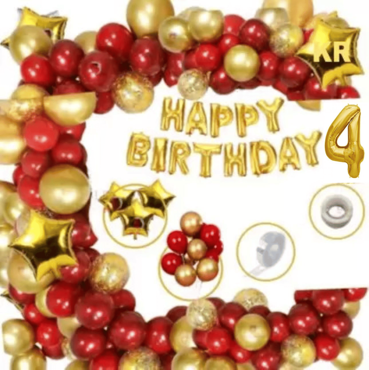     			KR 4th Happy Birthday Party Decoration with Happy Birthday foil 13 Letters (Gold) + HD Metallic 10 Inch Gold & Red 50 Pcs Balloons 1Glue 1Arch 4 Number Gold foil 4pc Confetti Balloon 3 Gold Star for Girl Boys Kids Baby  Red Gold Theme (Set of 73)