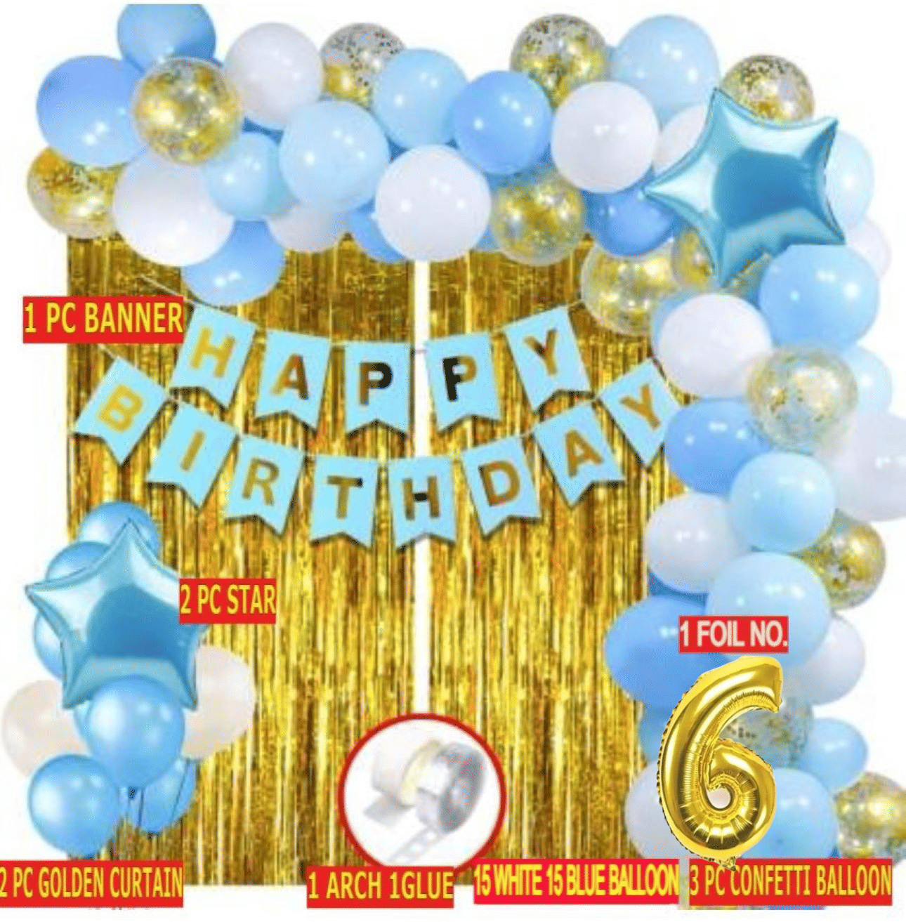     			KR Solid 6thHappy Birthday Decoration Kit Combo - 41pcs Birthday Banner Golden Foil Curtain Metallic Confetti Balloons With Glue Dot , Arch & 6 No. Gold Foil Balloon