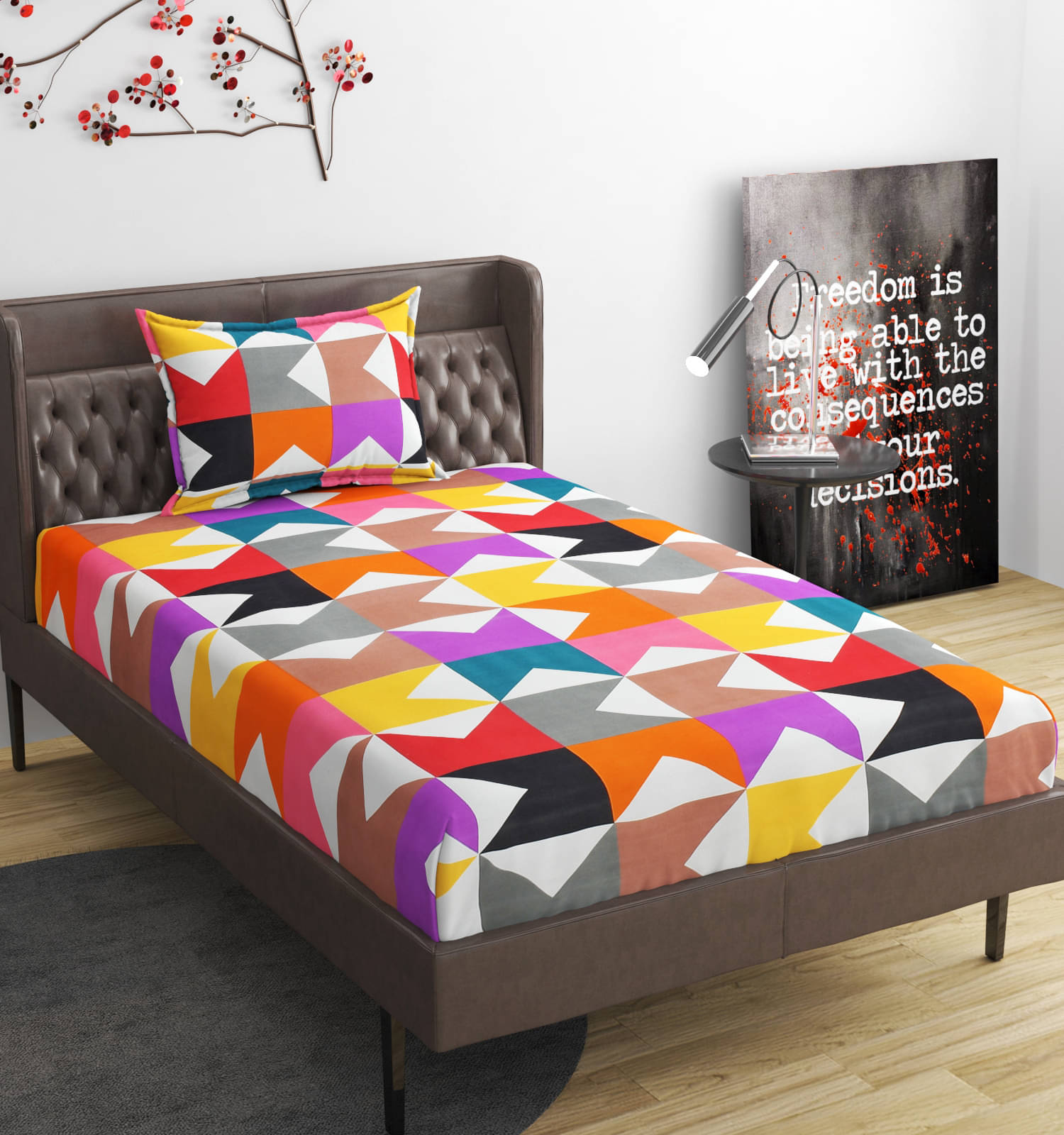     			Nirwana Decor Microfibre Geometric 1 Bedsheet with 1 Pillow Cover - Multi