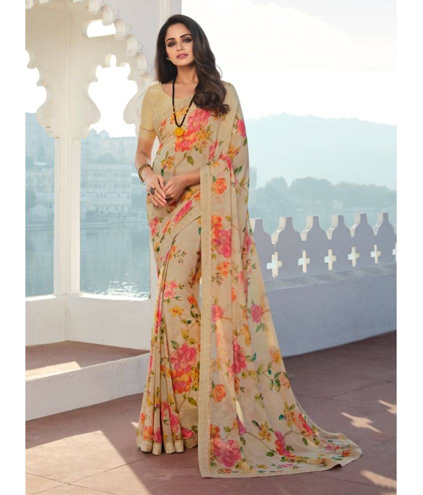     			BLEESBURY Georgette Printed Saree With Unstitched Blouse Piece ( Cream )