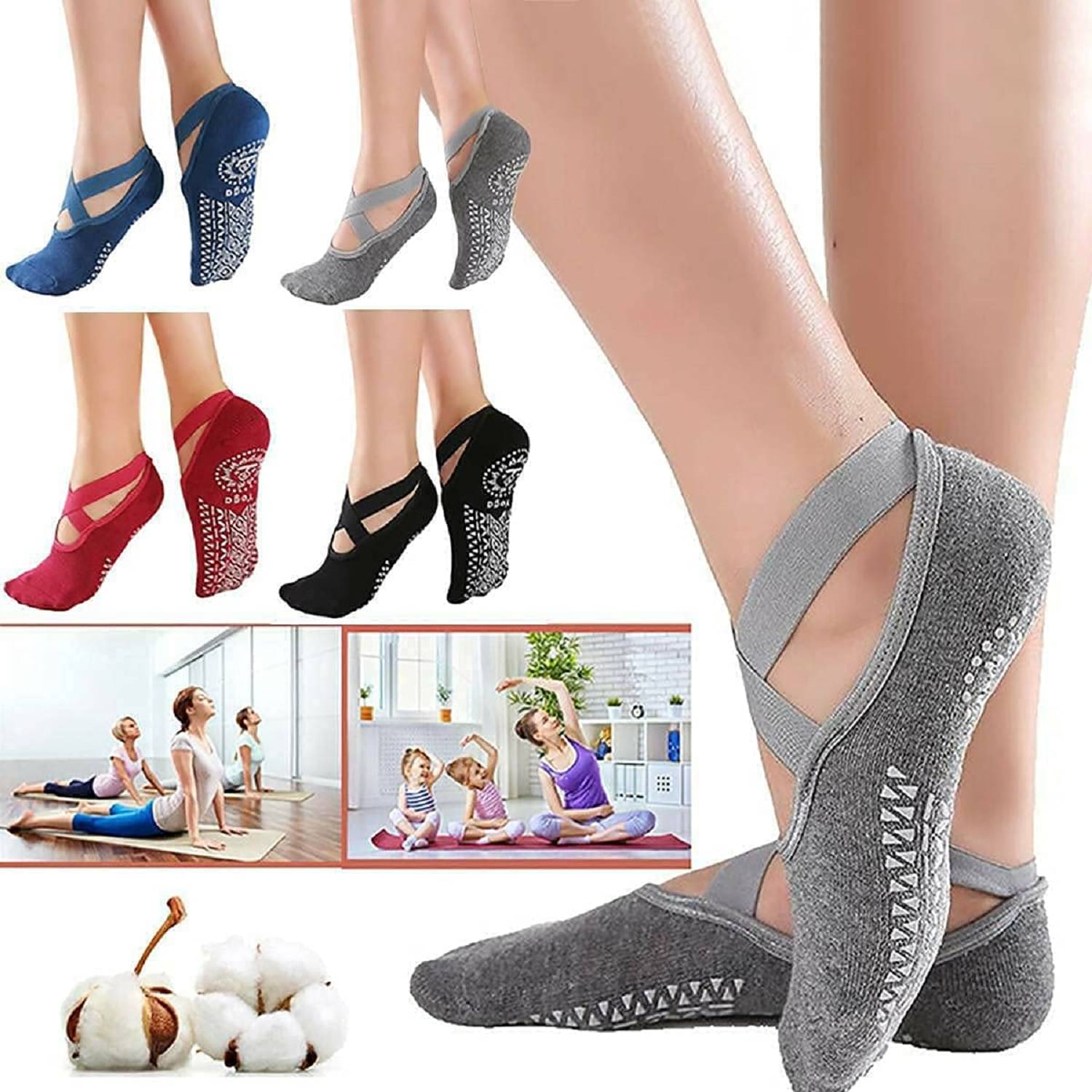     			Non-Slip Yoga Socks with Elastic Straps & Silicone Grips | Anti-Skid Pilates, Barre, Ballet Socks | Breathable Combed Cotton for Sweat Absorption | Workout Grip Socks for Women & Teens
