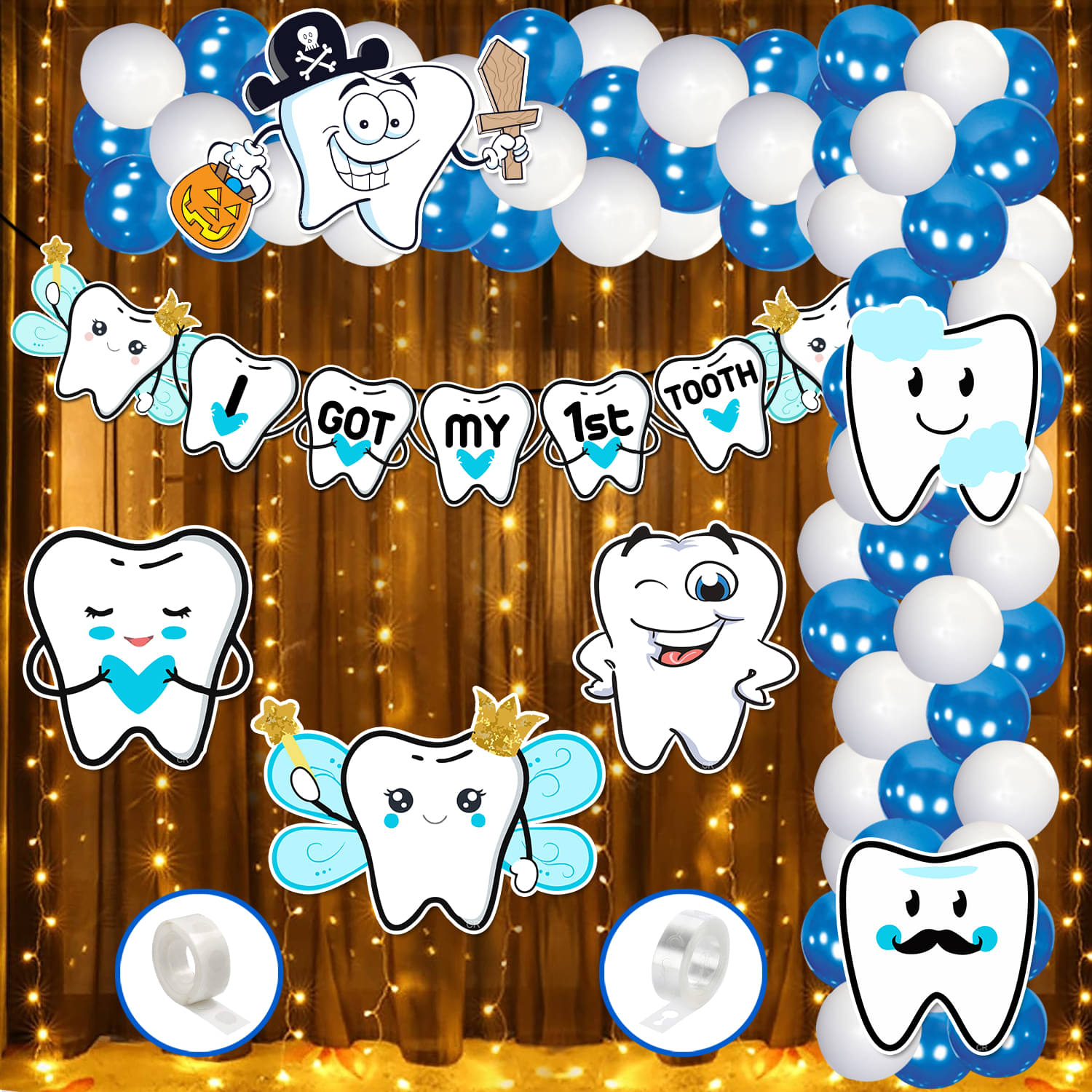     			Zyozi I Got My First Tooth Decoration, First Tooth Decoration Kit - Banner, Cardstock Cutout, Rice Light with Balloons (Pack of 60)