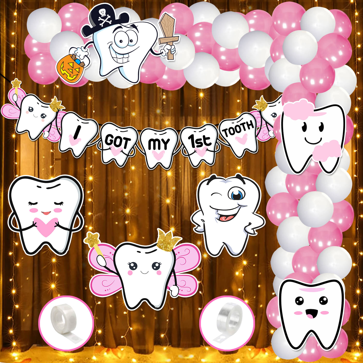     			Zyozi I Got My First Tooth Decorations / 1st Teeth Decoration Items - Banner, Cardstock CutOut, Rice Light, Balloons, Arch (Pack of 60)