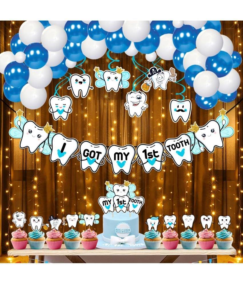     			Zyozi I Got My First Tooth Decoration / First Tooth Decoration Items - Banner, Balloons, Swirls Hanging With Cake Topper & CupCake Topper, Rice Light (Pack Of 44)