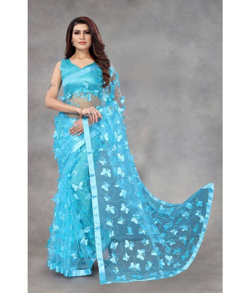 Aika Net Applique Saree With Unstitched Blouse Piece ( SkyBlue ) Aika Net Applique Saree With Unstitched Blouse Piece ( SkyBlue )