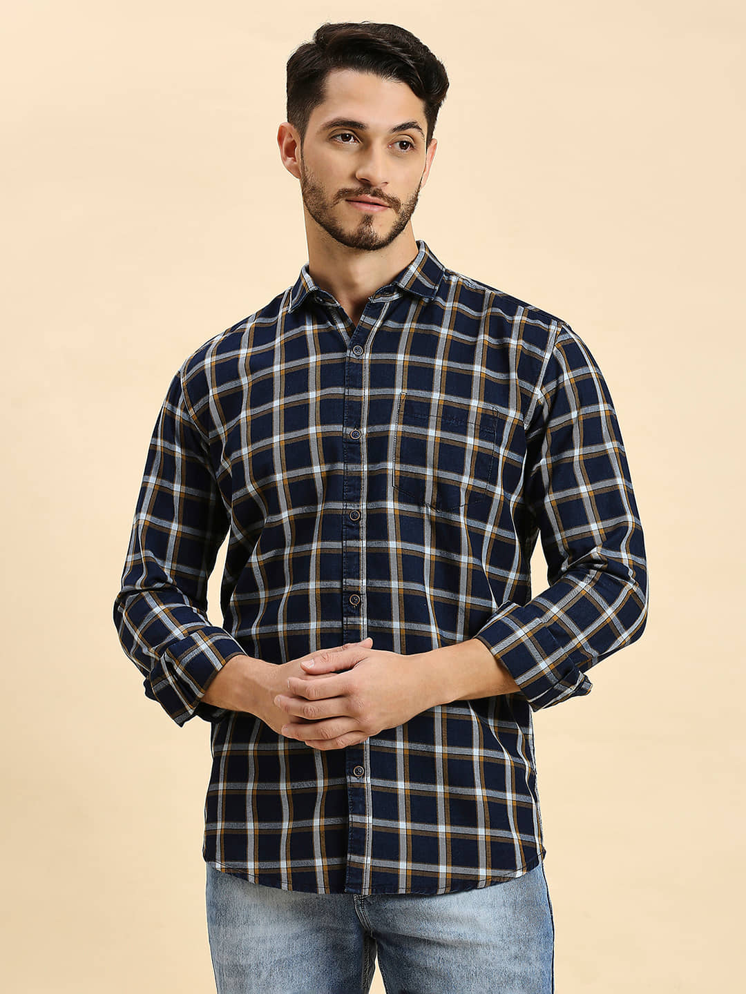 HJ HASASI 100% Cotton Slim Fit Checks Full Sleeves Men's Casual Shirt - Navy ( Pack of 1 )