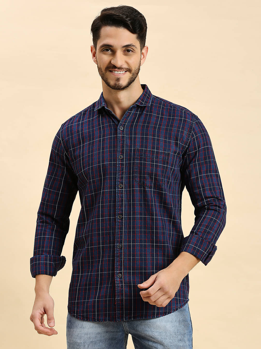 HJ HASASI 100% Cotton Slim Fit Checks Full Sleeves Men's Casual Shirt - Navy ( Pack of 1 )