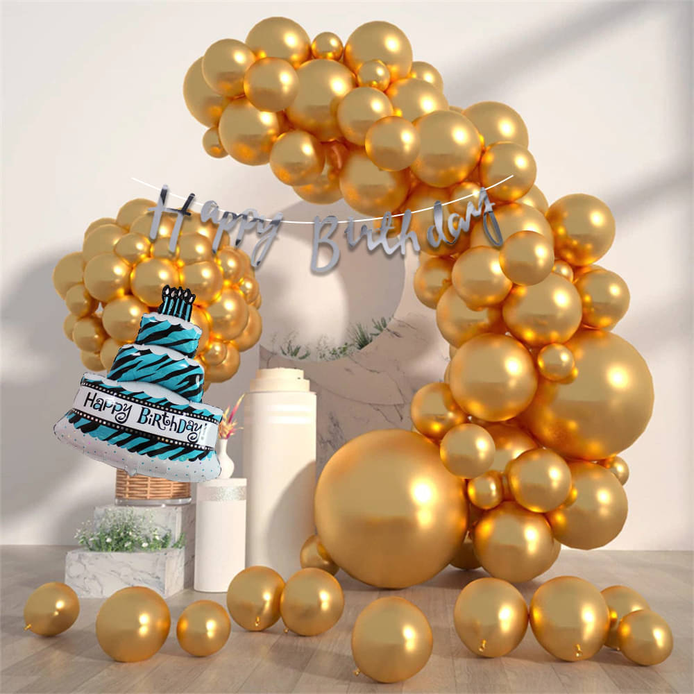     			Happy Birthday Banner Cursive (Golden) + 30 Metallic Balloons (Golden) + 1 Mini Foil Cake (Blue) for Birthday Decoration set, Birthday Kit, Birthday Decoration items, Birthday Balloon, Boy,Girls, Husband, Wife.