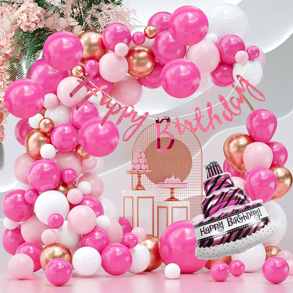     			Happy Birthday Banner Cursive (Pink) + 30 Metallic Balloons (Dark Pink,White, Rose Gold) + 1 Mini Foil Cake (Pink) for Birthday Decoration set, Birthday Kit, Birthday Decoration items, Birthday Balloon, Boy,Girls, Husband, Wife.