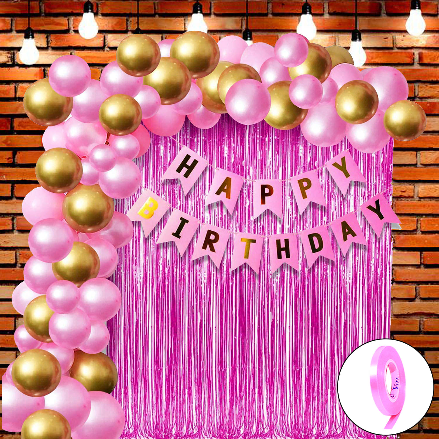     			Happy Birthday Banner (Pink), 2 Fringe Curtain (Pink), 30 Metallic Balloons (Pink, Gold), 1 Ribbon for Birthday Decorations Set, Birthday Balloon Combo, Items for Boy, Girl