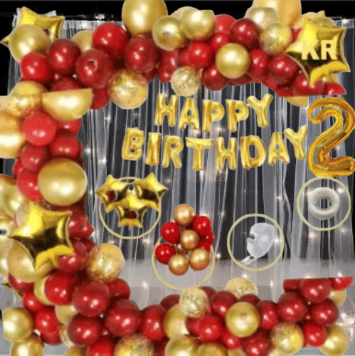    			KR 2ND Happy Birthday 13 Letters (Gold) + HD Metallic 10 Inch Gold & Red 50 Pcs Balloons 1Glue 1Arch 2 Number Gold foil 4pc Confetti Balloon 3 Gold Star 2Net curtain, 1 Light for Girl Boys Kids Baby Second Birthday Decoration,