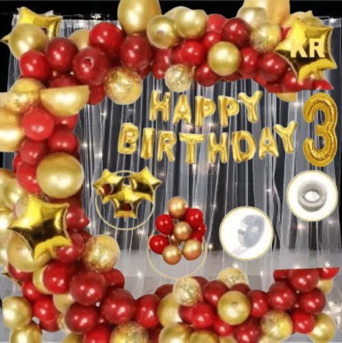     			KR 3rd Happy Birthday 13 Letters (Gold) + HD Metallic 10 Inch Gold & Red 50 Pcs Balloons 1Glue 1Arch 1 Number Gold foil 4pc Confetti Balloon 3 Gold Star 2Net curtain, 1 Light for Girl Boys Kids Baby Third Birthday Decoration,