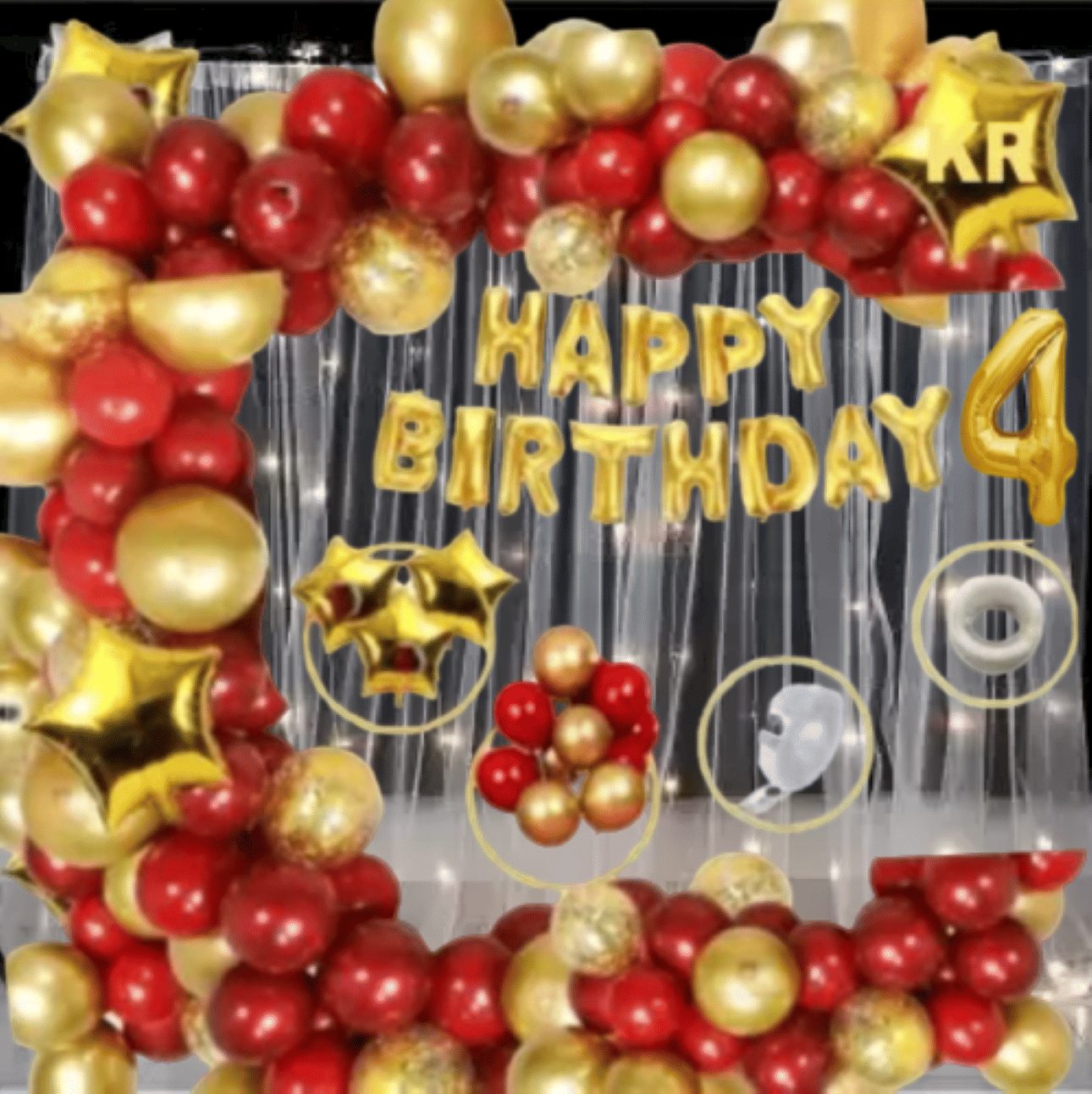    			KR 4th Happy Birthday 13 Letters (Gold) + HD Metallic 10 Inch Gold & Red 50 Pcs Balloons 1Glue 1Arch 1 Number Gold foil 4pc Confetti Balloon 3 Gold Star 2Net curtain, 1 Light for Girl Boys Kids Baby Fourth Birthday Decoration