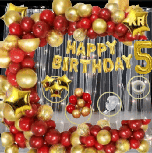     			KR 5th Happy Birthday 13 Letters (Gold) + HD Metallic 10 Inch Gold & Red 50 Pcs Balloons 1Glue 1Arch 1 Number Gold foil 4pc Confetti Balloon 3 Gold Star 2Net curtain, 1 Light for Girl Boys Kids Baby Fifth Birthday Decoration