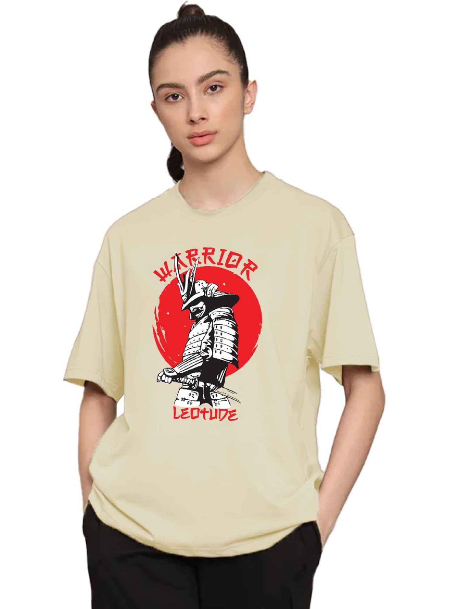 Leotude Women Cotton Blend Printed Oversized Fit Round Neck T-Shirt ( Beige )