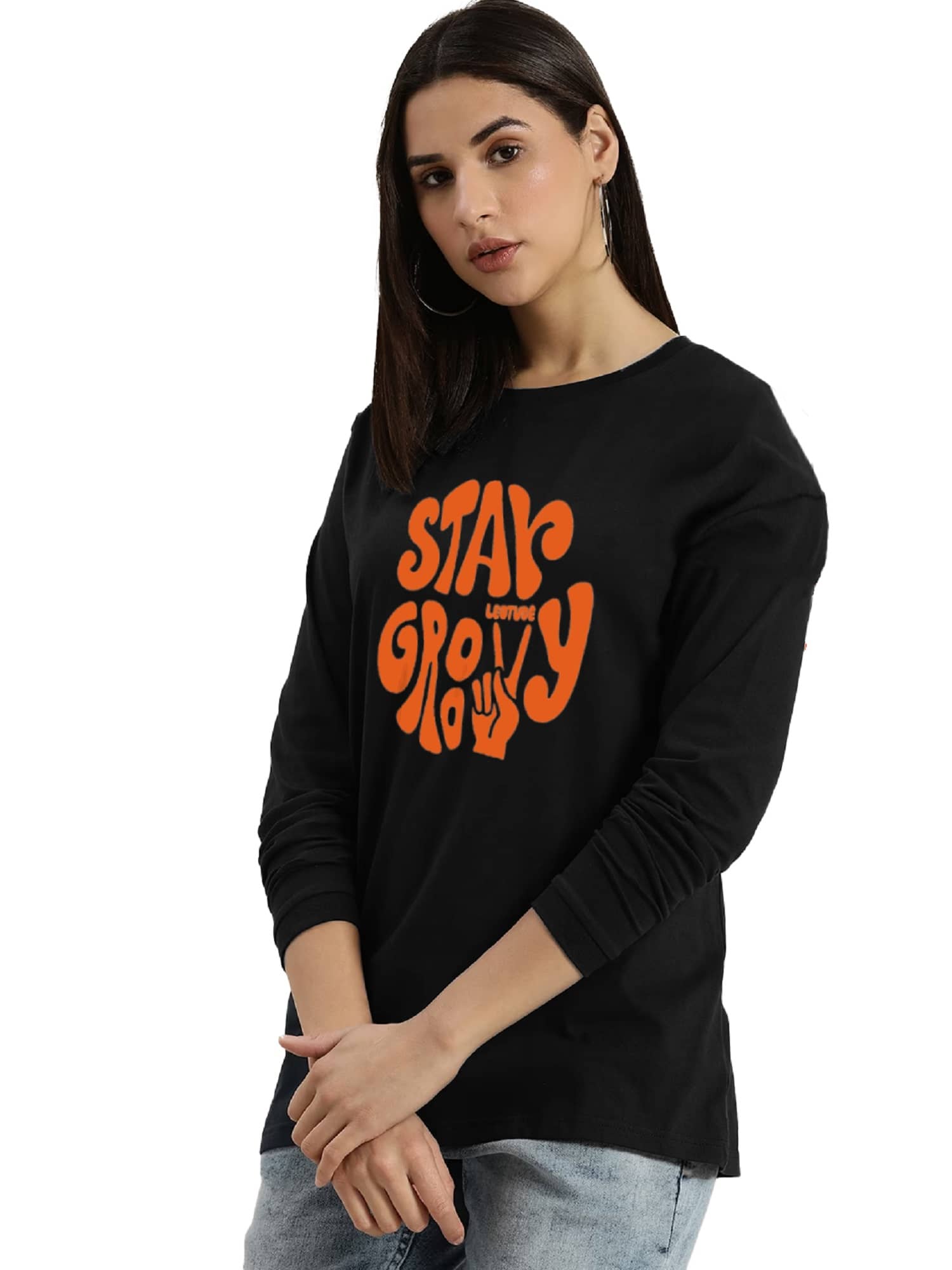 Leotude Women Cotton Blend Printed Oversized Fit Round Neck T-Shirt ( Black )