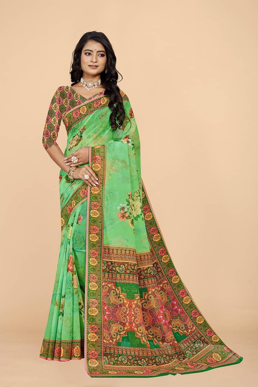     			Surat Textile Co Georgette Printed Saree With Unstitched Blouse Piece ( Green )