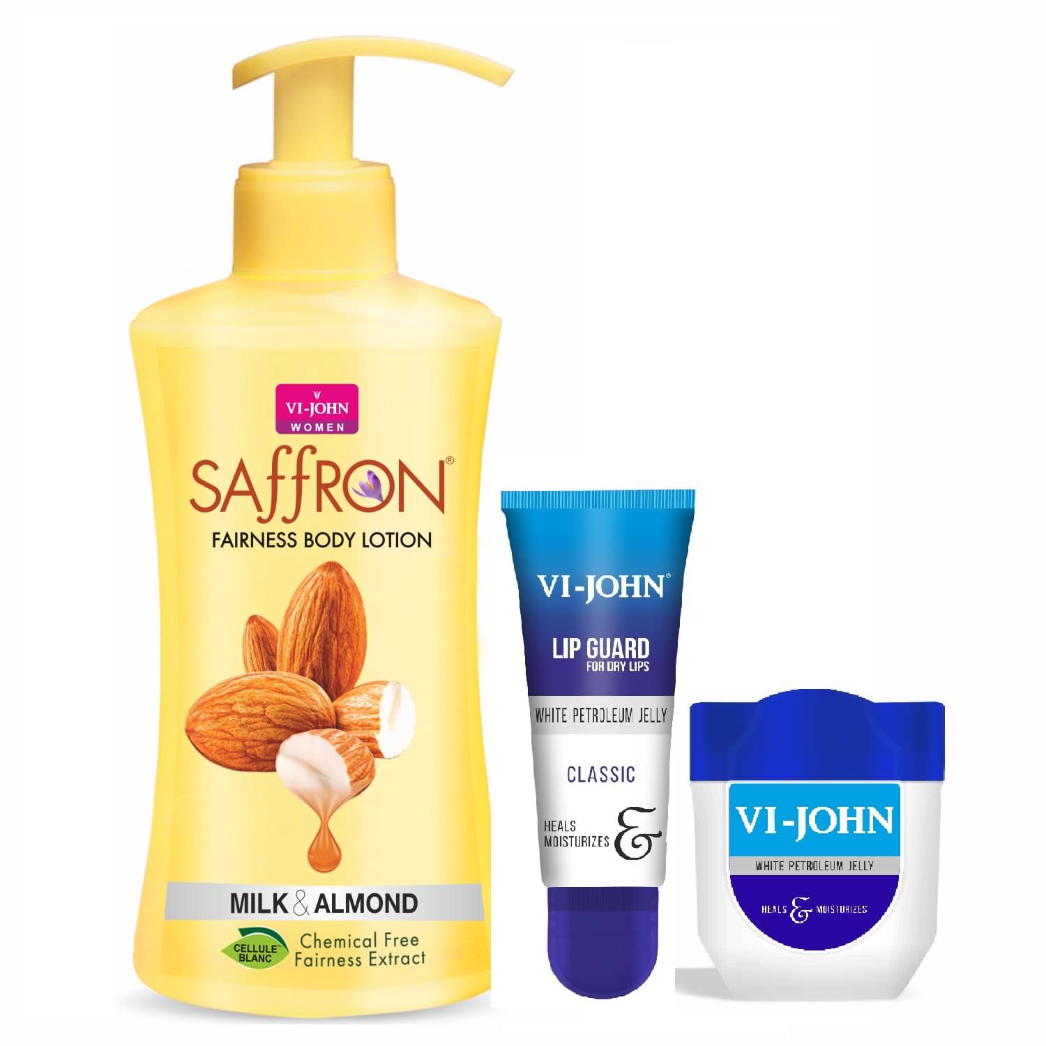 VI-JOHN Saffron Body Lotion Milk Almond 250ml, Petroleum Jelly 100ml & Lip Guard 10ml- Pack of 3 VI-JOHN Saffron Body Lotion Milk Almond 250ml, Petroleum Jelly 100ml & Lip Guard 10ml- Pack of 3