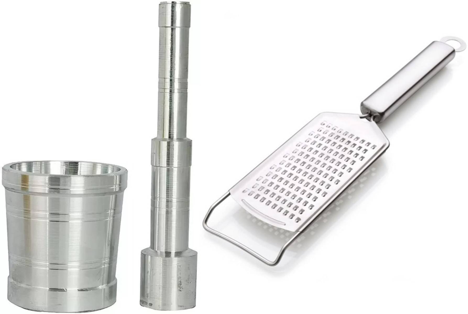 iview kitchenware Silver Stainless Steel Khalbatta/Okhli/Mortal Pestal And Cheese Grater ( Set of 2 ) iview kitchenware Silver Stainless Steel Khalbatta/Okhli/Mortal Pestal And Cheese Grater ( Set of 2 )