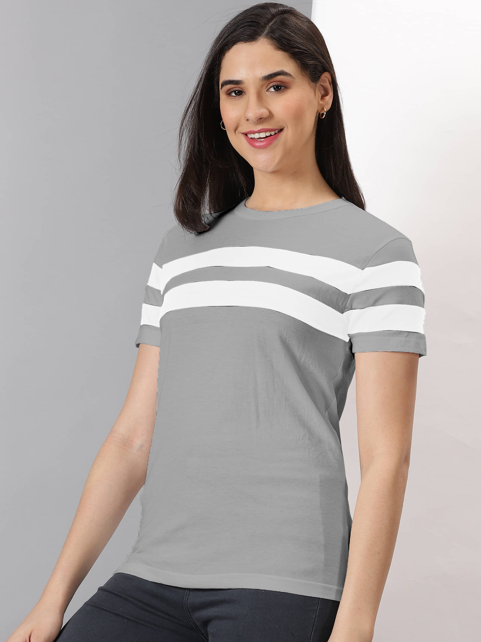    			AUSK Women Cotton Blend Striped Regular Fit Round Neck T-Shirt ( Grey )