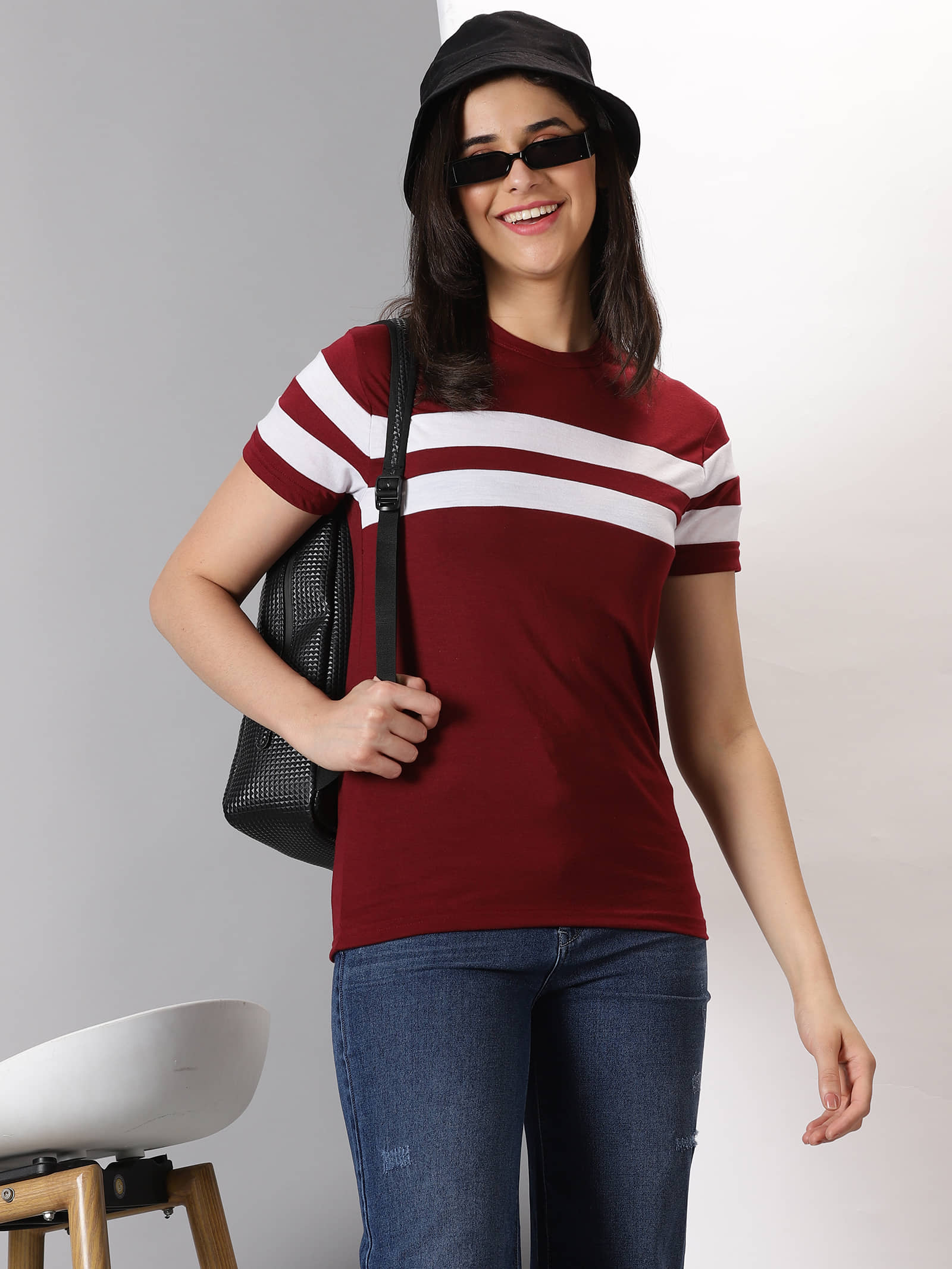 AUSK Women Cotton Blend Striped Regular Fit Round Neck T-Shirt ( Maroon )