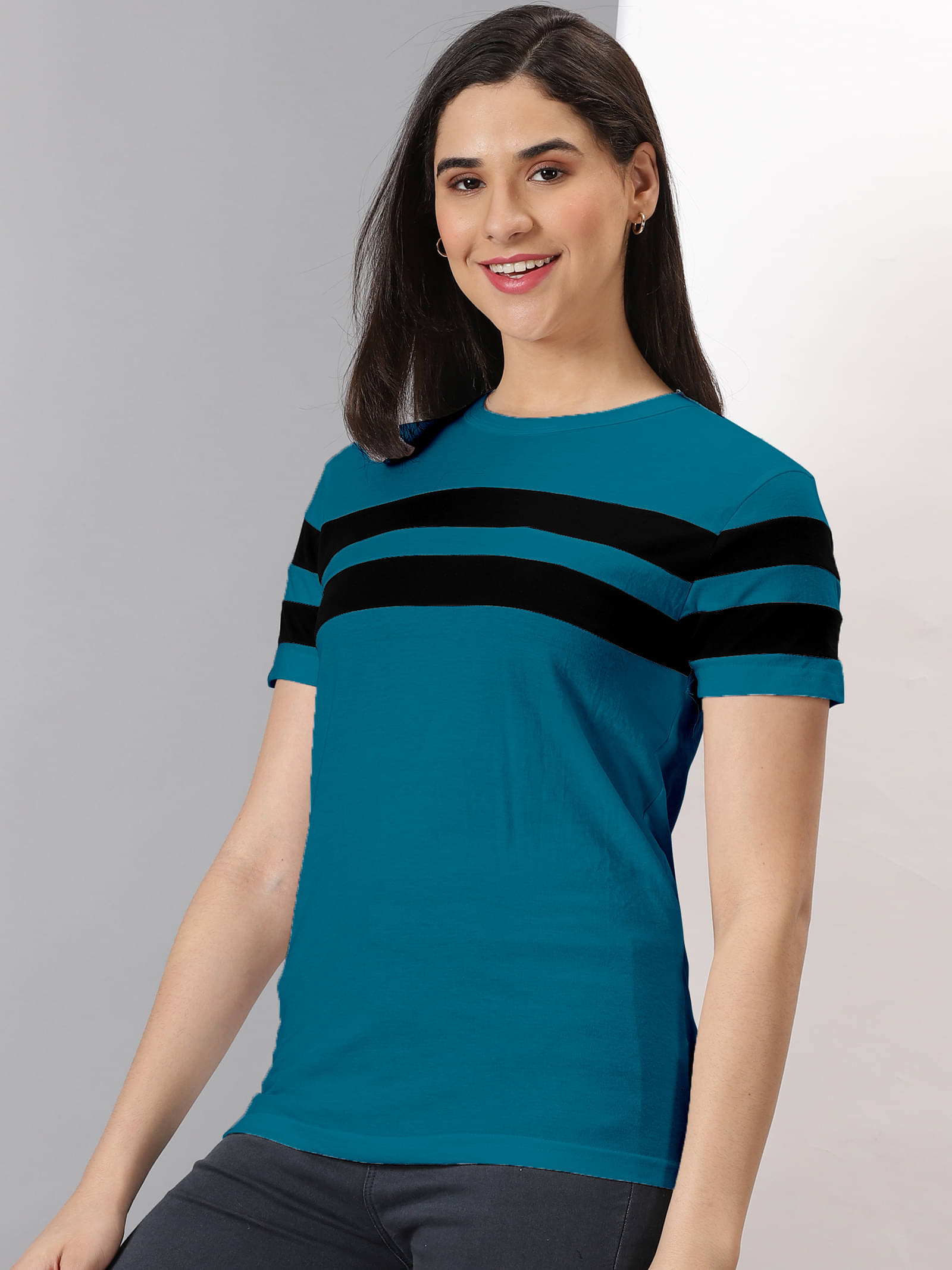     			AUSK Women Cotton Blend Striped Regular Fit Round Neck T-Shirt ( Teal )