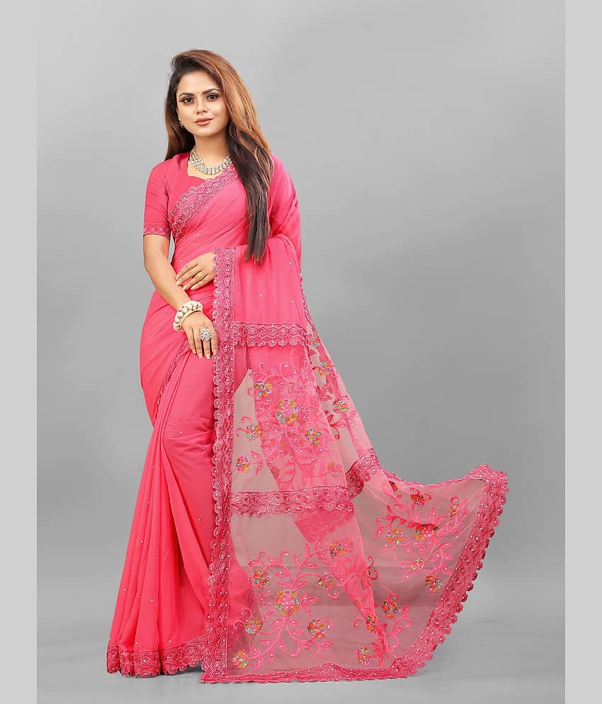 Active Feel Free Life Net Embroidered Saree With Unstitched Blouse Piece ( Pink ) - Sarees | Buy online on ZillyBuy