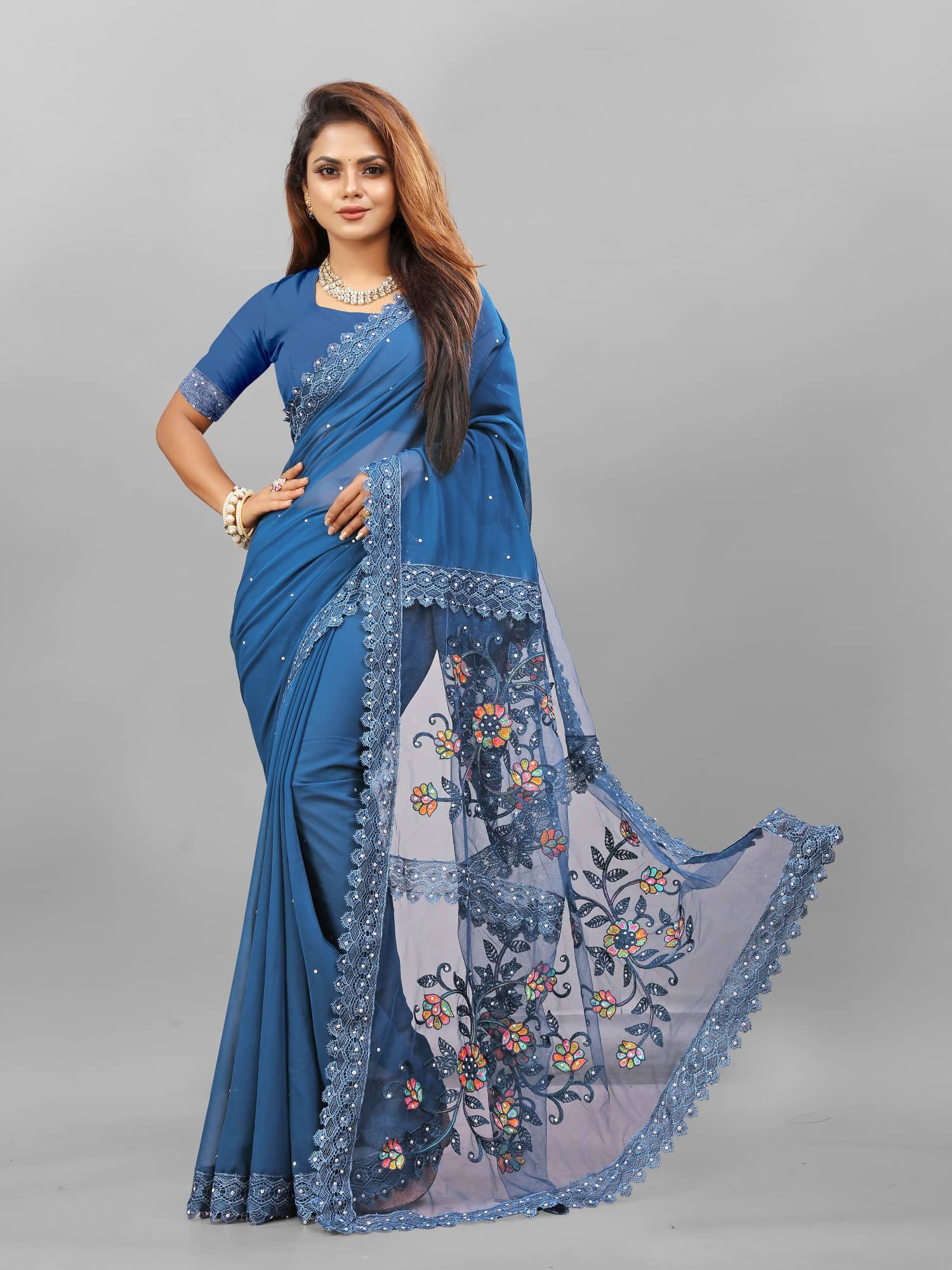 Aika Satin Embroidered Saree With Unstitched Blouse Piece ( Blue ) - Sarees | Buy online on ZillyBuy