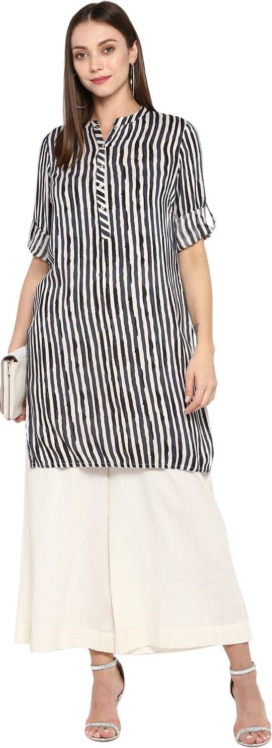 Antaran Rayon Striped Straight Women's Kurti - White ( Pack of 1 )     			Antaran Rayon Striped Straight Women's Kurti - White ( Pack of 1 )