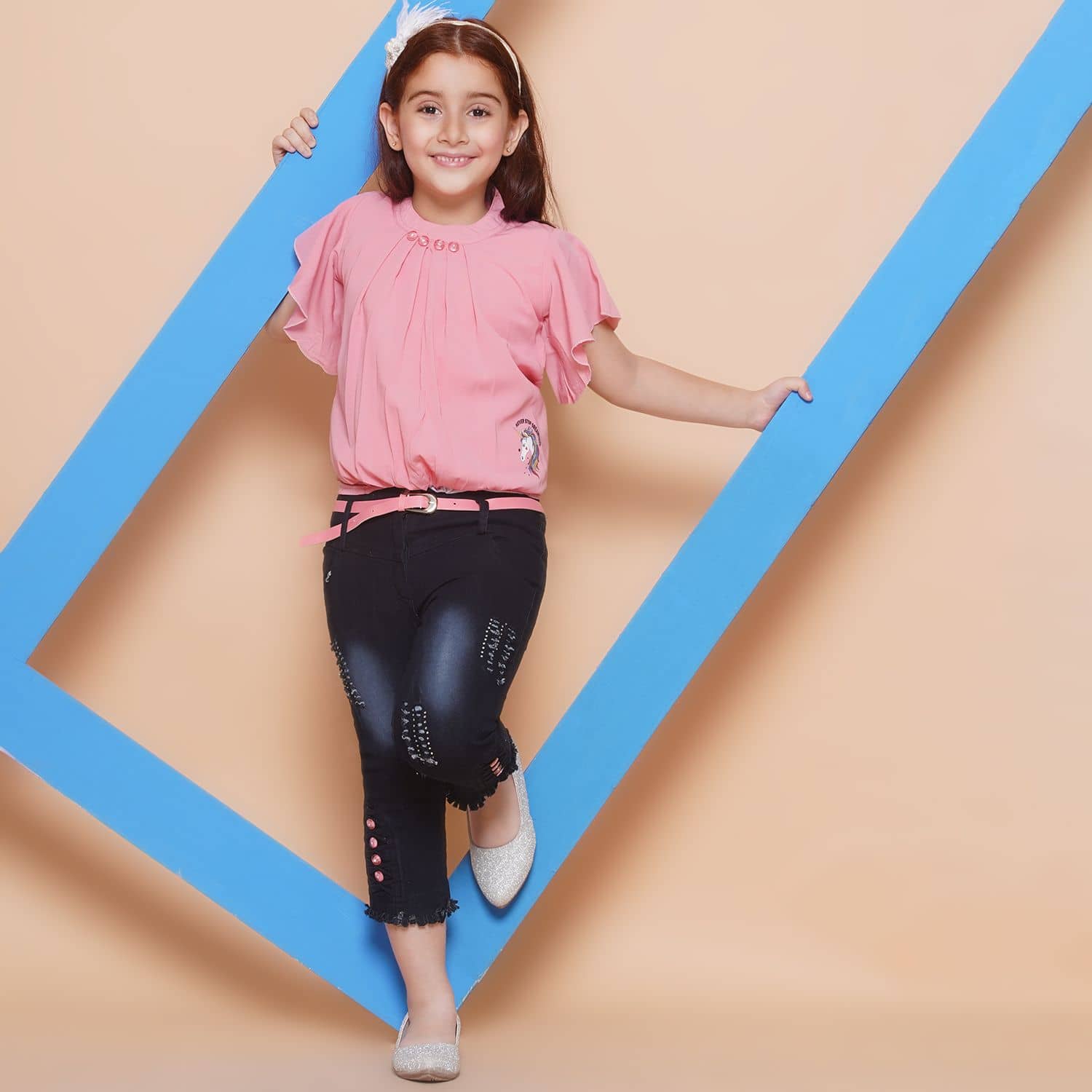 Arshia Fashions Pack of 1 Girls Denim Top With Capris ( Pink )