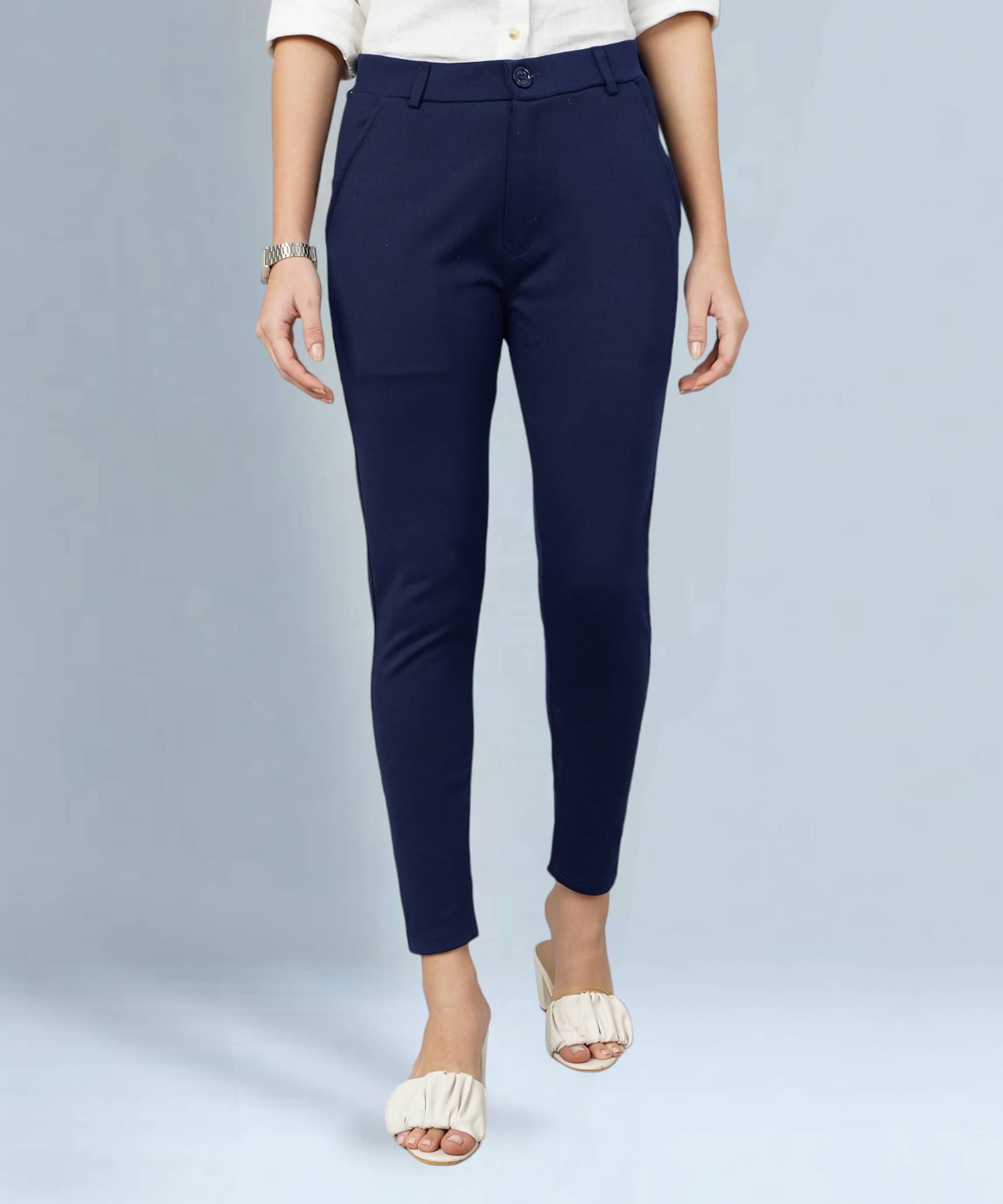     			FITHUB - Navy Blue Cotton Blend Slim Women's Formal Pants ( Pack of 1 )