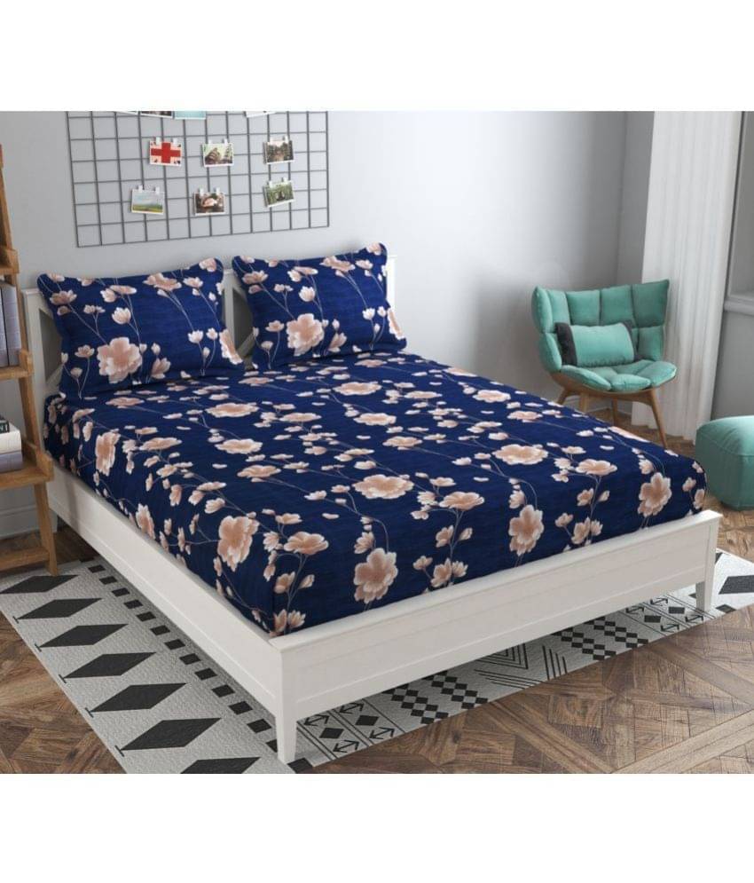     			HIDECOR Microfiber Floral Double Bedsheet with 2 Pillow Covers - Blue
