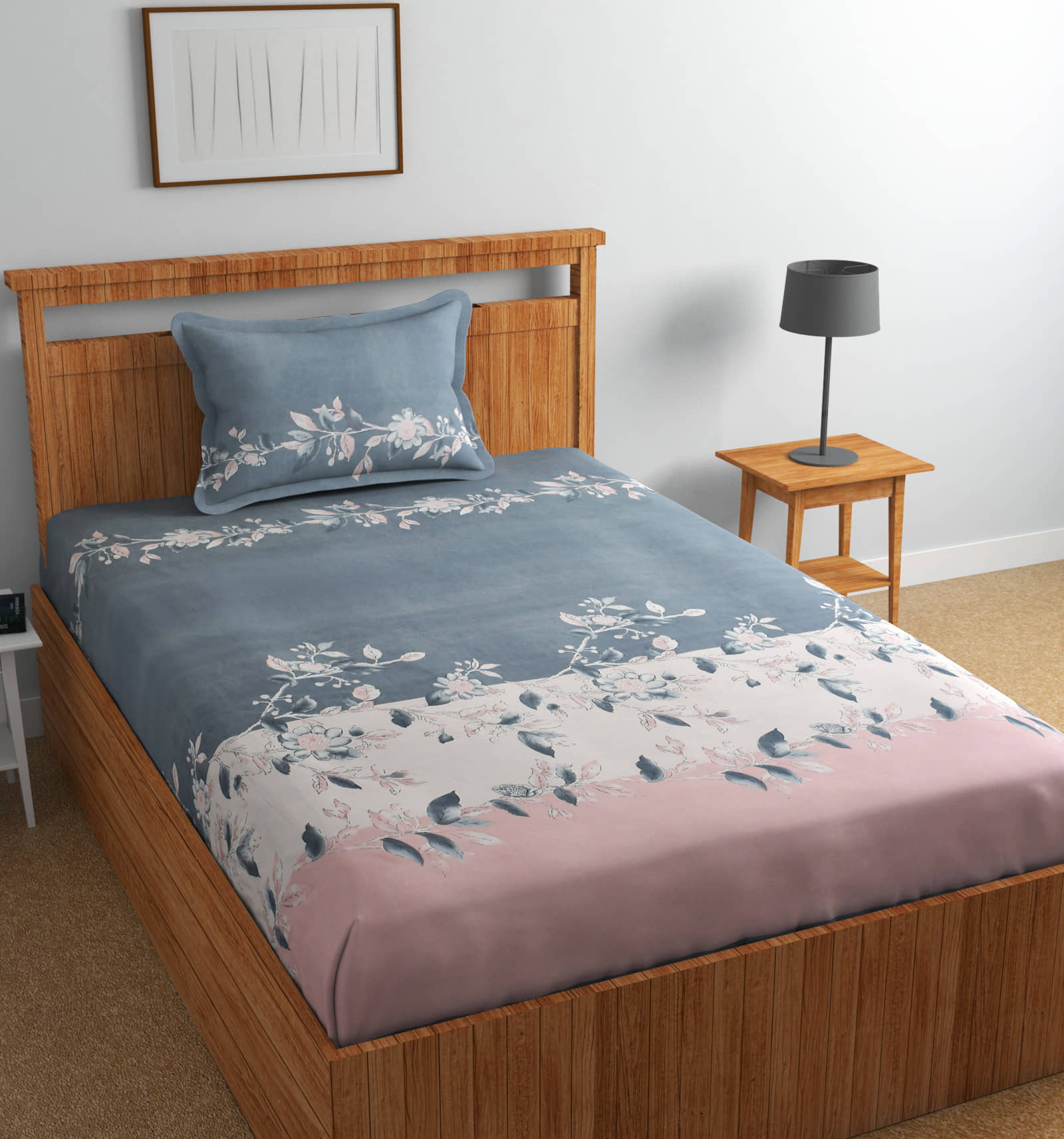 HIDECOR Microfiber Floral Single Bedsheet with 1 Pillow Cover - Grey