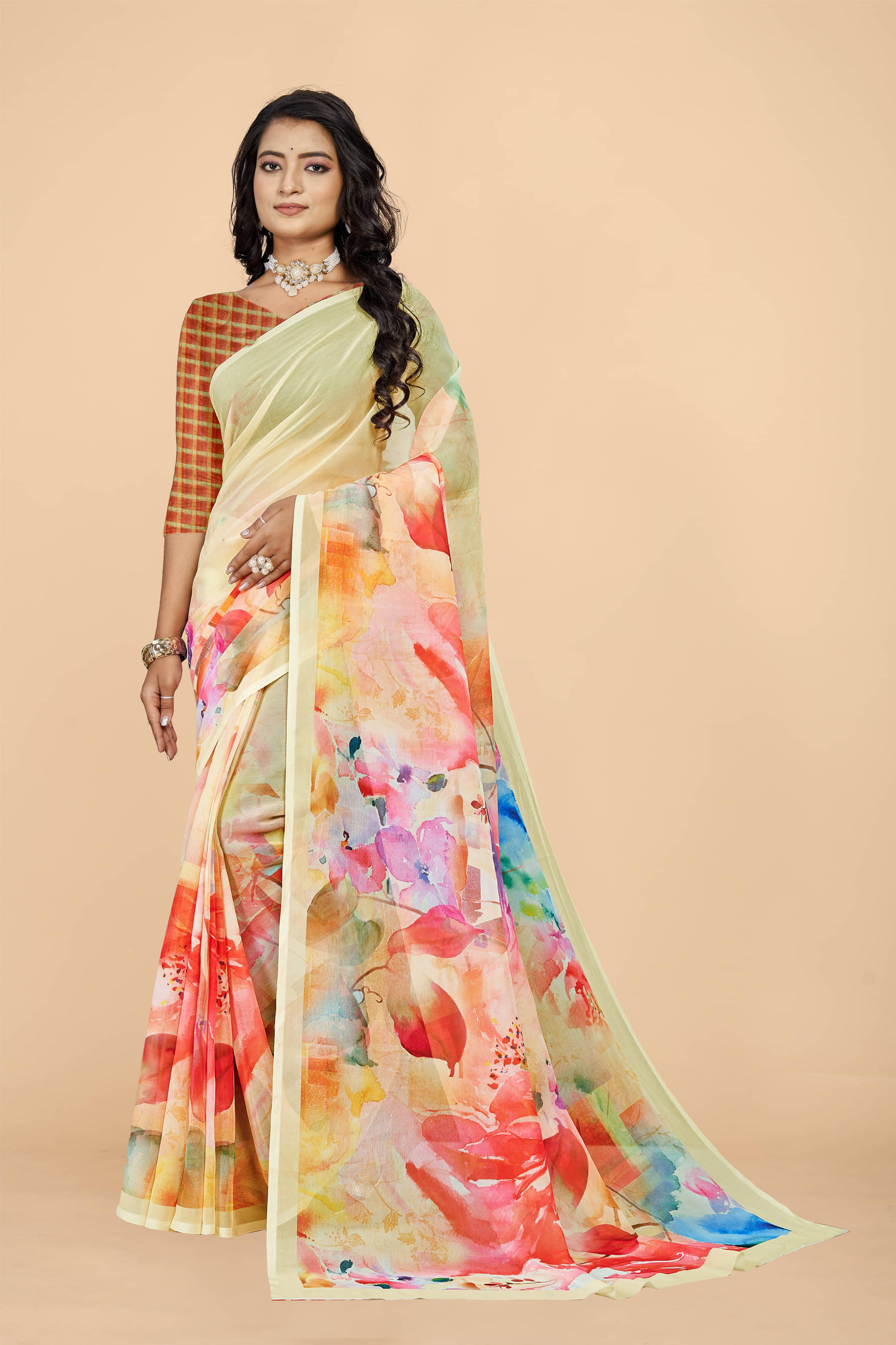 Surat Textile Co Georgette Printed Saree With Unstitched Blouse Piece ( Yellow ) Surat Textile Co Georgette Printed Saree With Unstitched Blouse Piece ( Yellow )