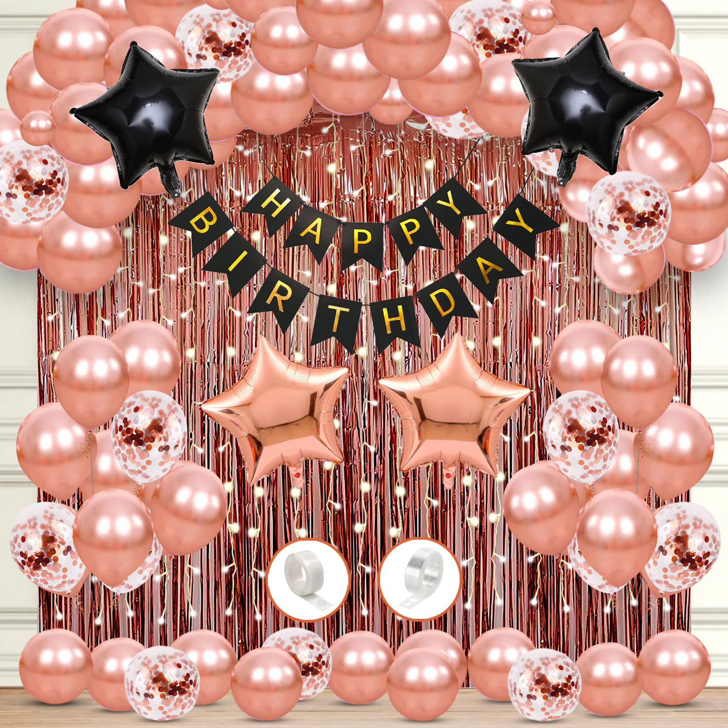     			Zyozi Birthday Decorations Combo Set | Birthday Decorations Items - Banner, Balloons, Star Foil Balloons, RoseGold Confetti Balloons, Rice Light & Foil Curtains (Pack Of 70)