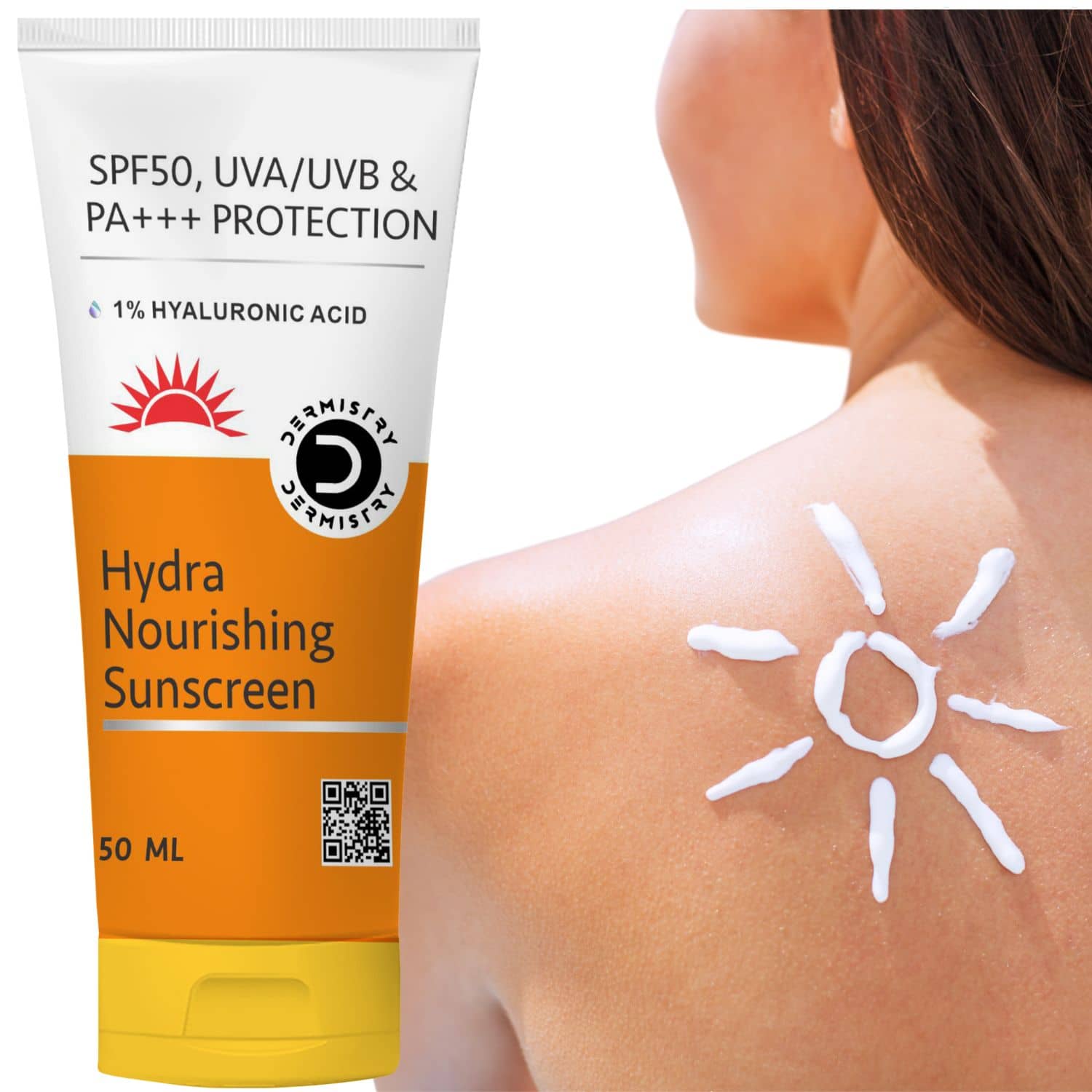 Dermistry 1% Hyaluronic Acid Hydra Nourishing Hydrating Sunscreen Aqua Glow Gel for Dry Skin & All Skin Types SPF 50 UVA UVB PA+++ Protection Cream Quick Absorbed Lightweight Moisturizer Non Tinted Non Greasy Water Sweat Resistant No White Cast Lotion-50m
