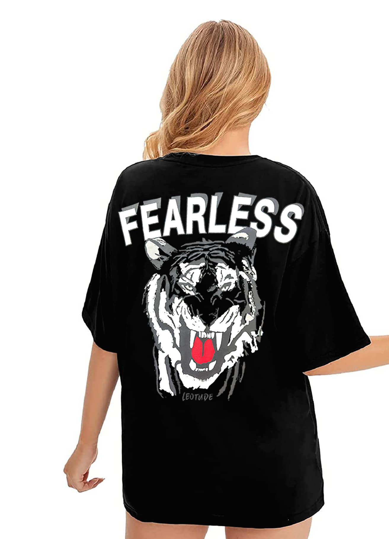 Leotude Women Cotton Blend Printed Oversized Fit Round Neck T-Shirt ( Black )