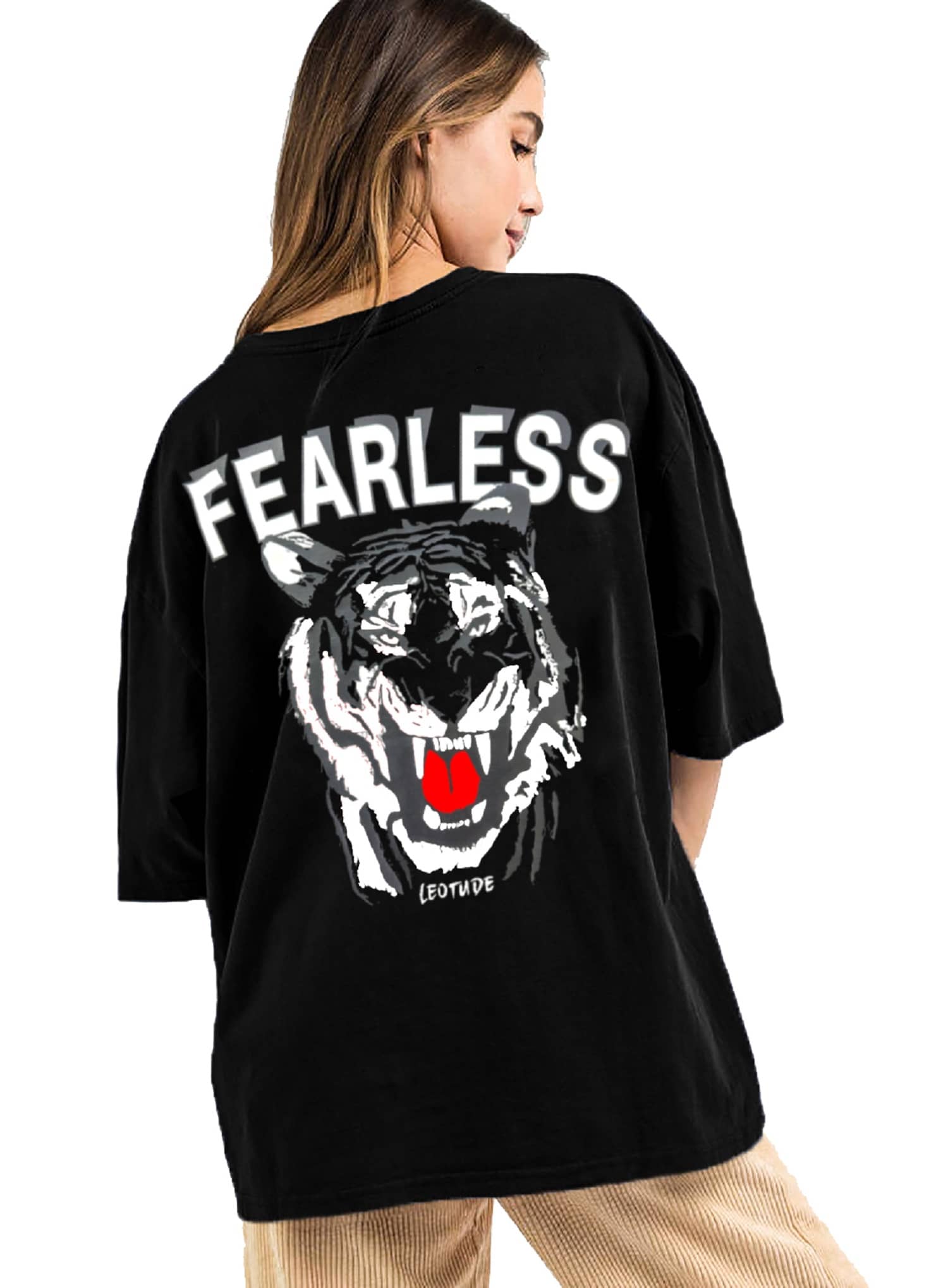 Leotude Women Cotton Blend Printed Oversized Fit Round Neck T-Shirt ( Black )