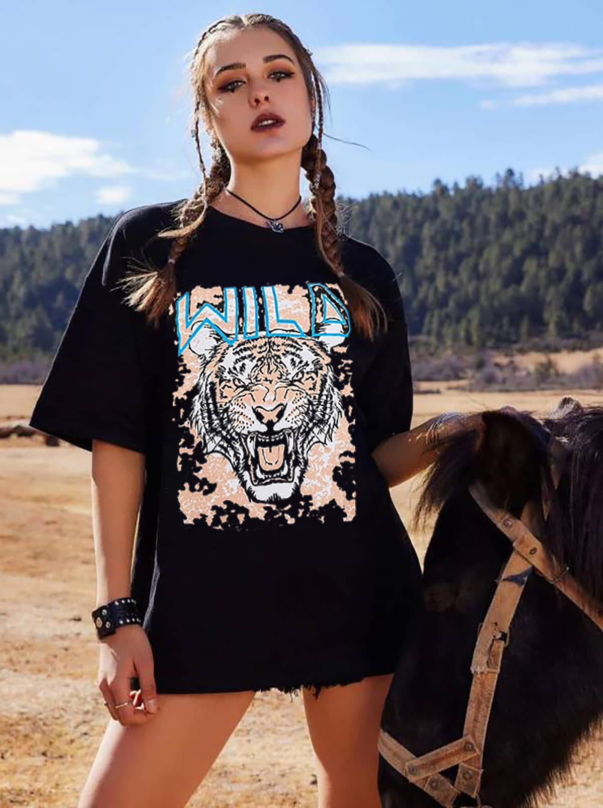 Leotude Women Cotton Blend Printed Oversized Fit Round Neck T-Shirt ( Black )