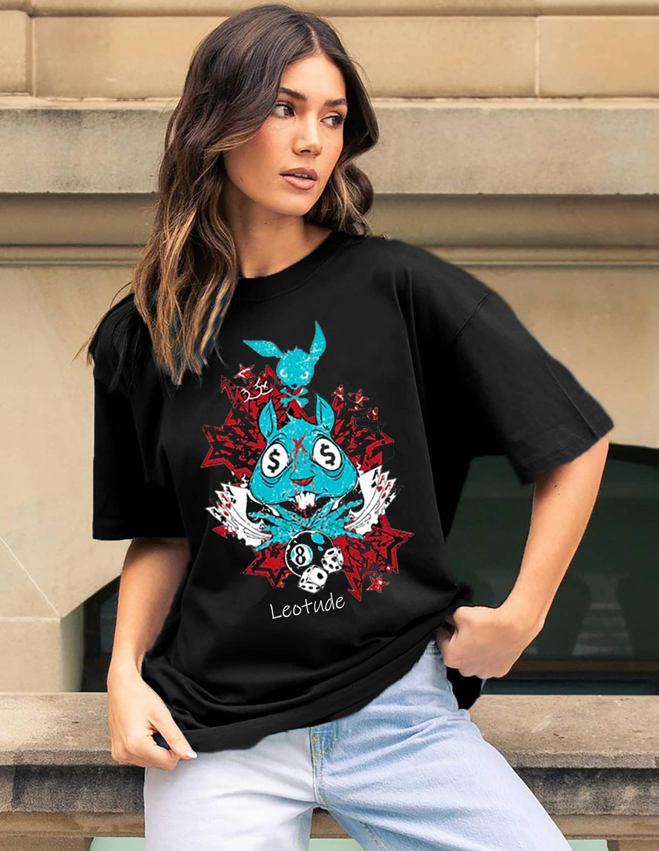 Leotude Women Cotton Blend Printed Oversized Fit Round Neck T-Shirt ( Black )