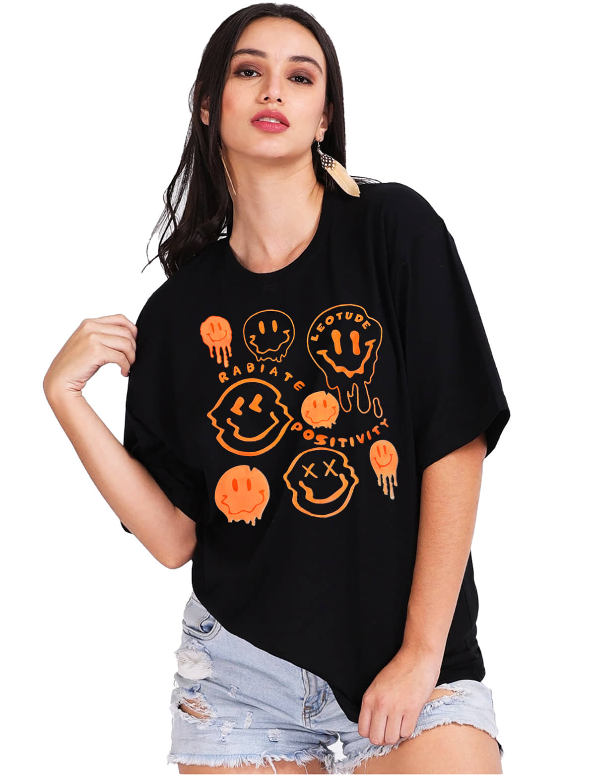 Leotude Women Cotton Blend Printed Oversized Fit Round Neck T-Shirt ( Black )