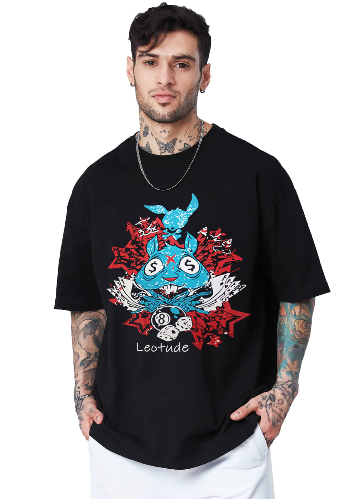 Leotude Men Cotton Blend Oversized Fit Printed T-Shirt ( Black )