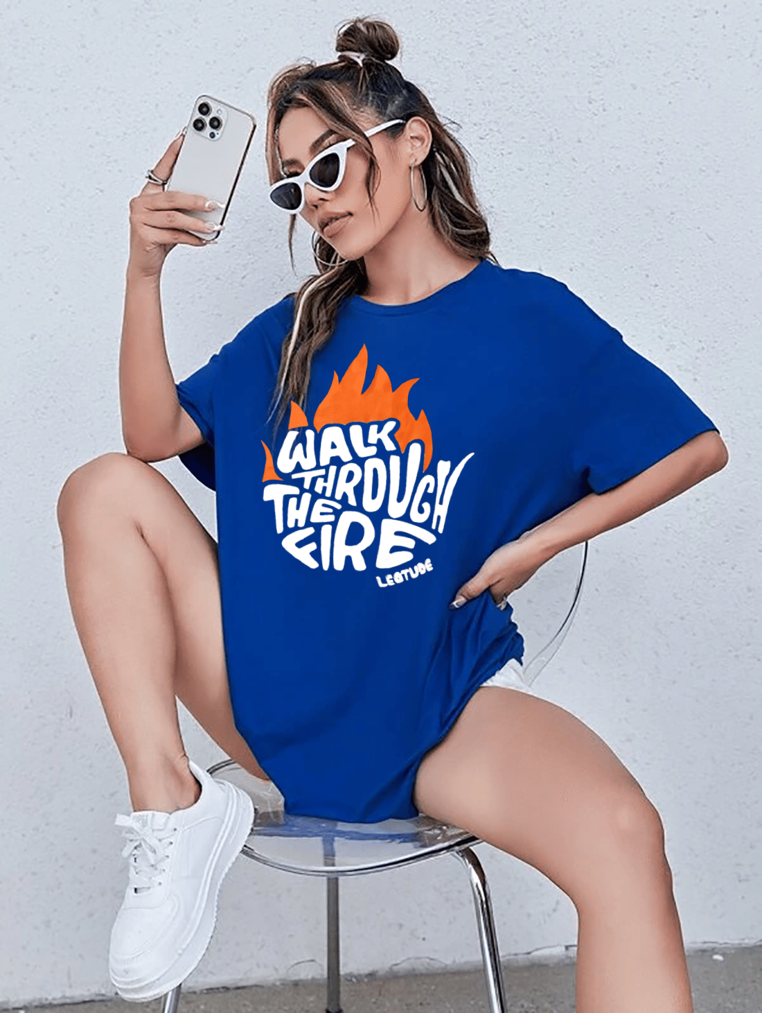 Leotude Women Cotton Blend Printed Oversized Fit Round Neck T-Shirt ( Blue )