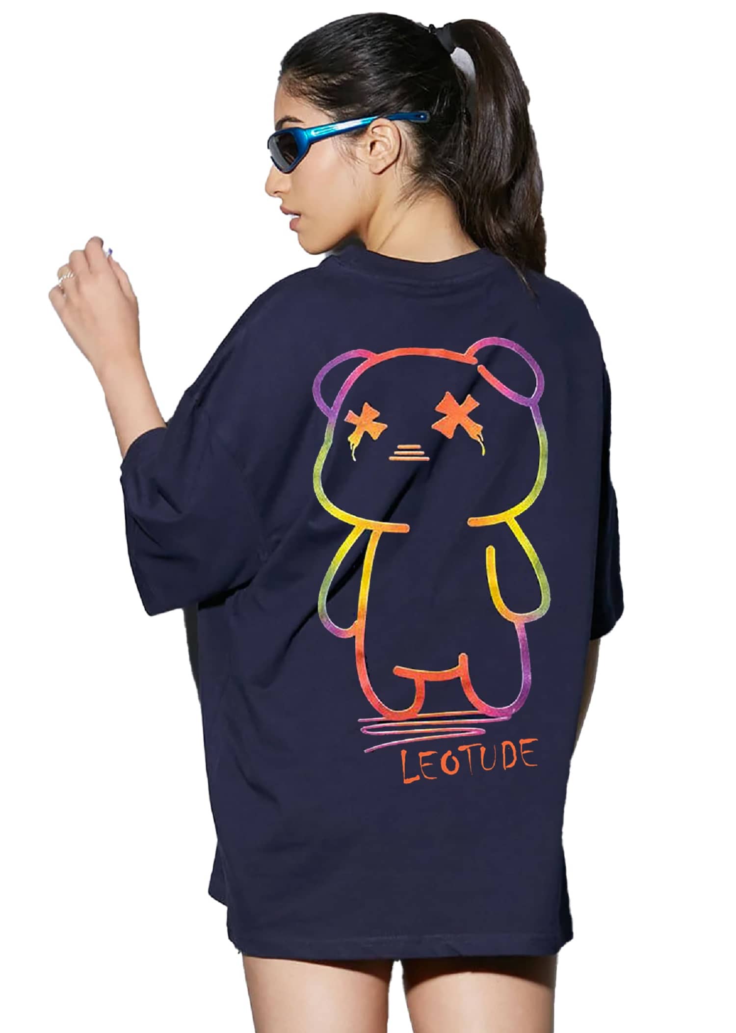 Leotude Women Cotton Blend Printed Oversized Fit Round Neck T-Shirt ( Blue )