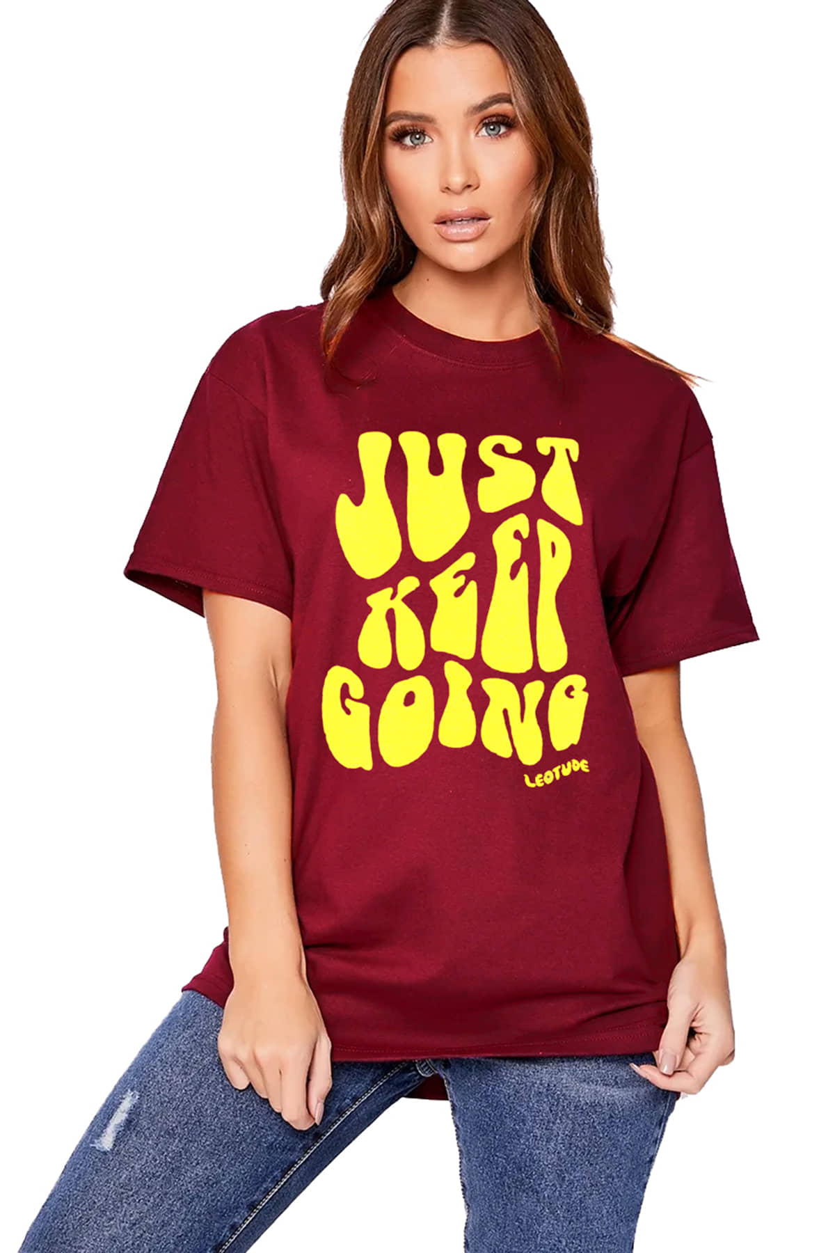 Leotude Women Cotton Blend Printed Oversized Fit Round Neck T-Shirt ( Maroon )
