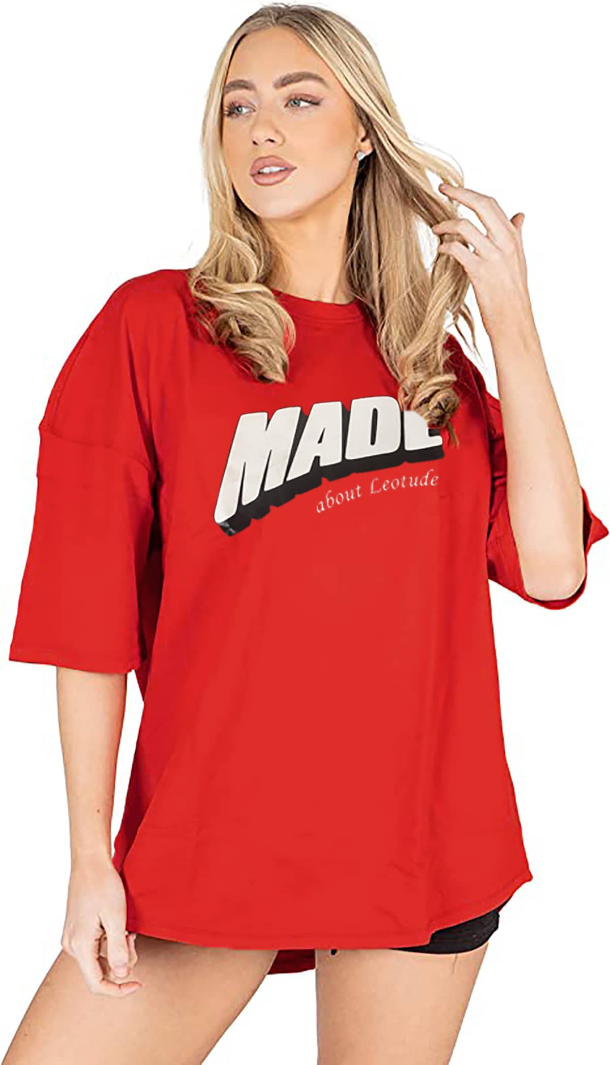 Leotude Women Cotton Blend Printed Oversized Fit Round Neck T-Shirt ( Red )