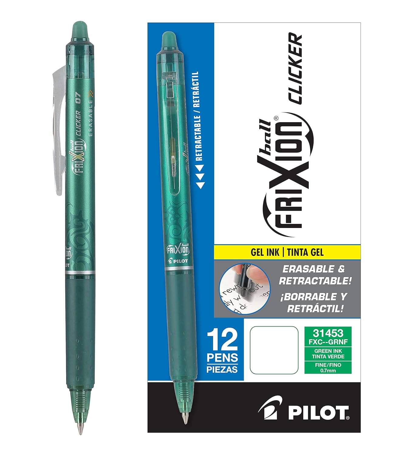 Pilot Frixion RT Clicker Ball Pen Green Pack of 12 Pilot Frixion RT Clicker Ball Pen Green Pack of 12