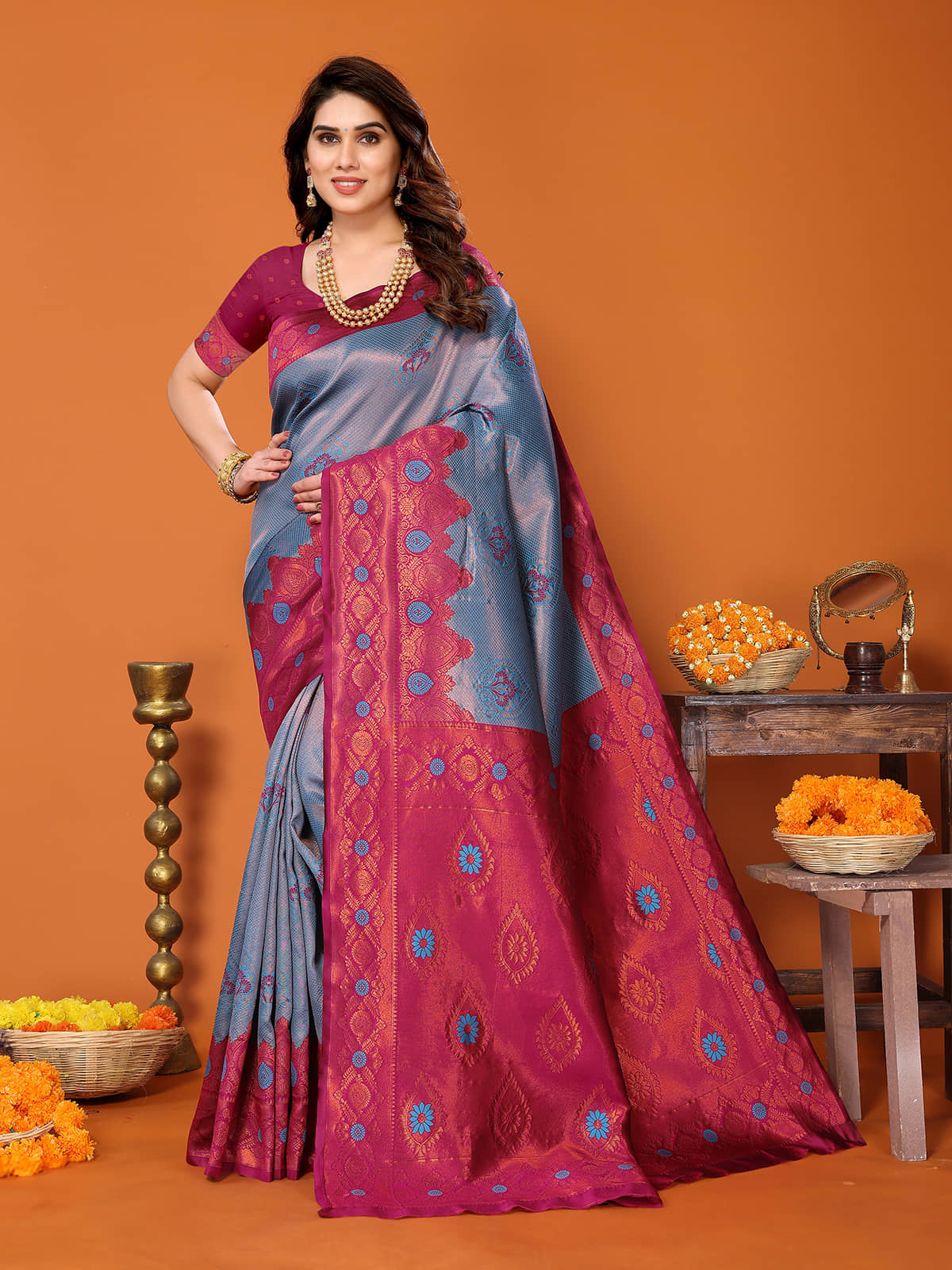 BLEESBURY Kanjivaram Woven Saree With Unstitched Blouse Piece ( Teal ) - Sarees | Buy online on ZillyBuy